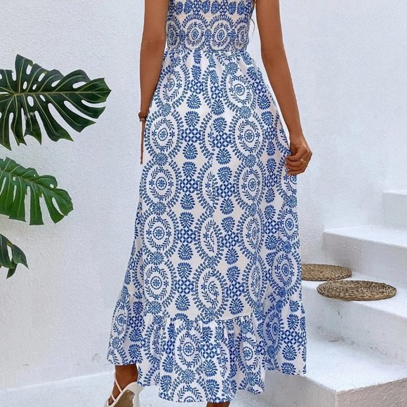 Allover Butterfly Print Shirred Cami Dress
